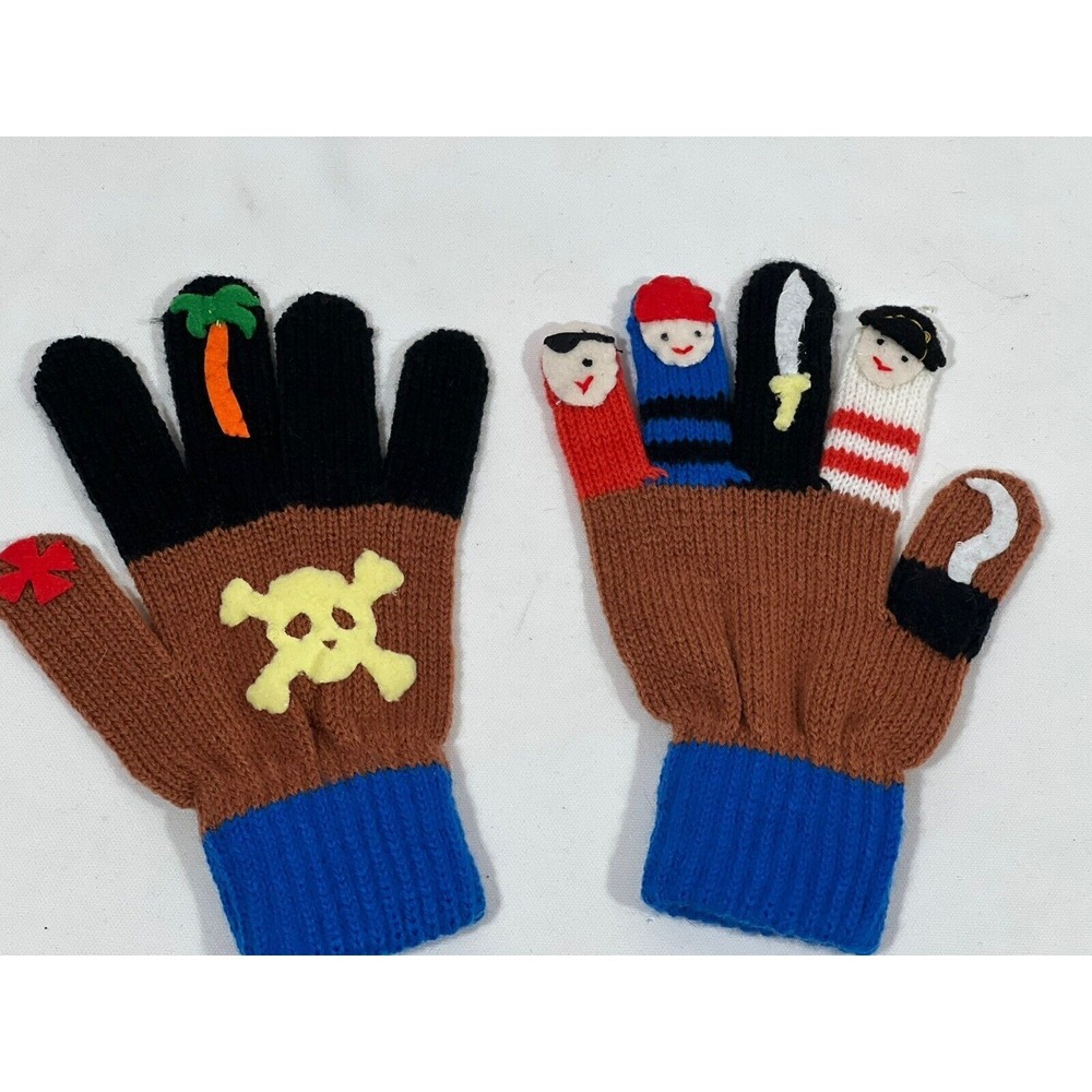 Kidorable‎ Kids Pirate Knit Gloves Blue Brown Skull Finger Puppets Handmade Soft